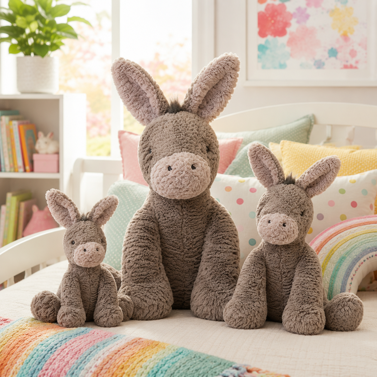 Three donkey plushies sitting on a bed in a colorful bedroom with rainbow blanket