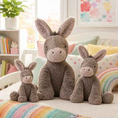 Three donkey plushies sitting on a bed in a colorful bedroom with rainbow blanket
