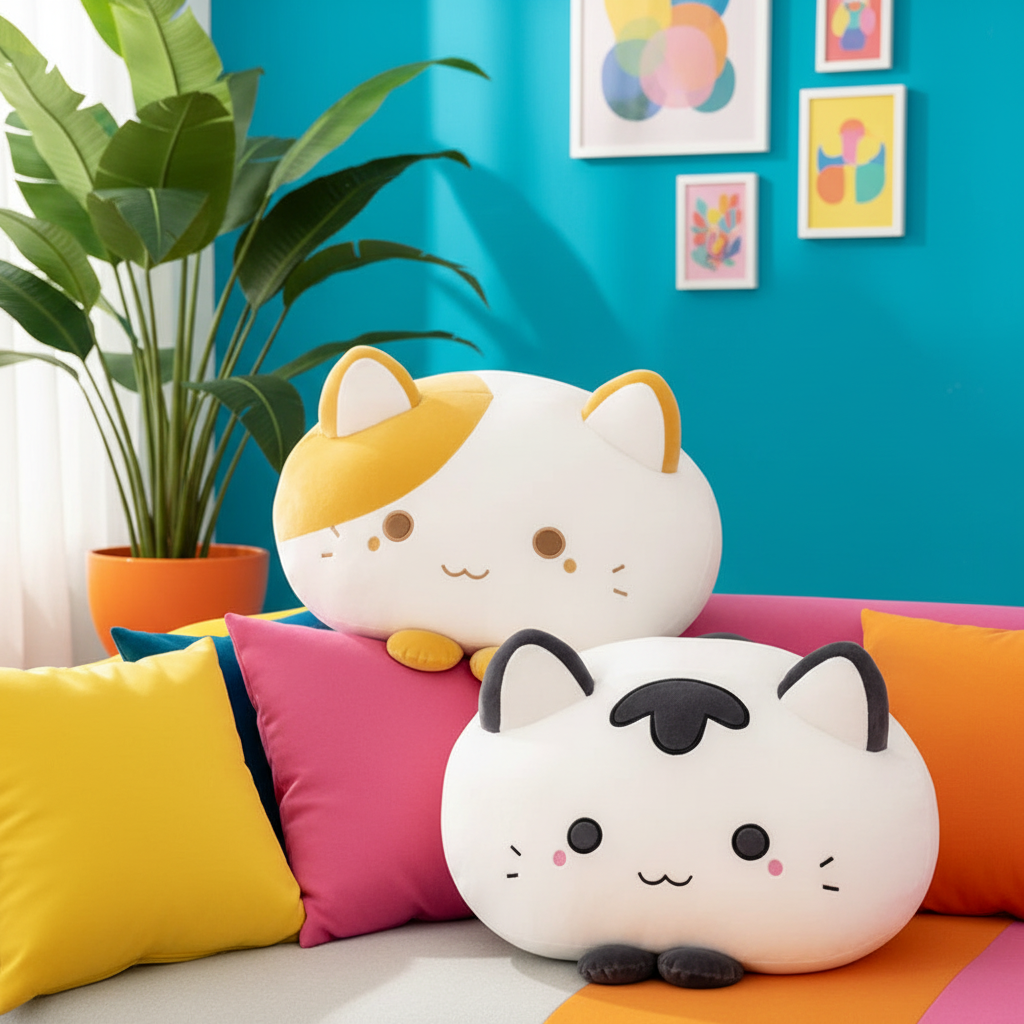 Two round cat-face plush pillows in white, yellow, pink, and black sit on colorful pillows on a sofa in a bright room with a blue wall and a potted plant.