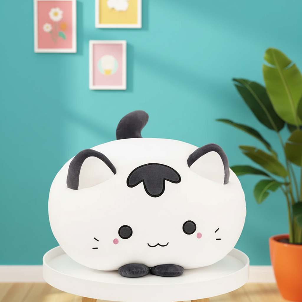 A white cat-shaped plush toy with black ears, eyes, nose, mouth, and paws, sitting on a small white round table in a styled room with a turquoise wall, framed art, and a potted plant.