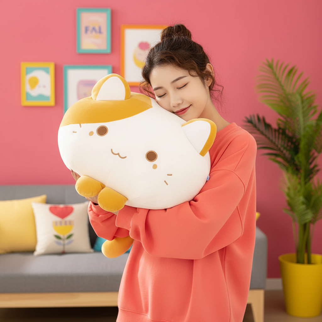 A woman in a coral sweatshirt holds a large, round, white cat plush toy with yellow accents and a cute cartoon face in a cozy, brightly lit room with a pink wall and a gray sofa.