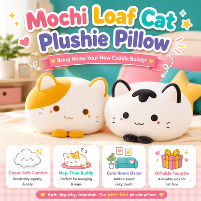 Two cute Mochi Loaf Cat plushie pillows shown in a colorful promotional layout. One pillow is yellow and white with orange accents, and the other is white with black accents.