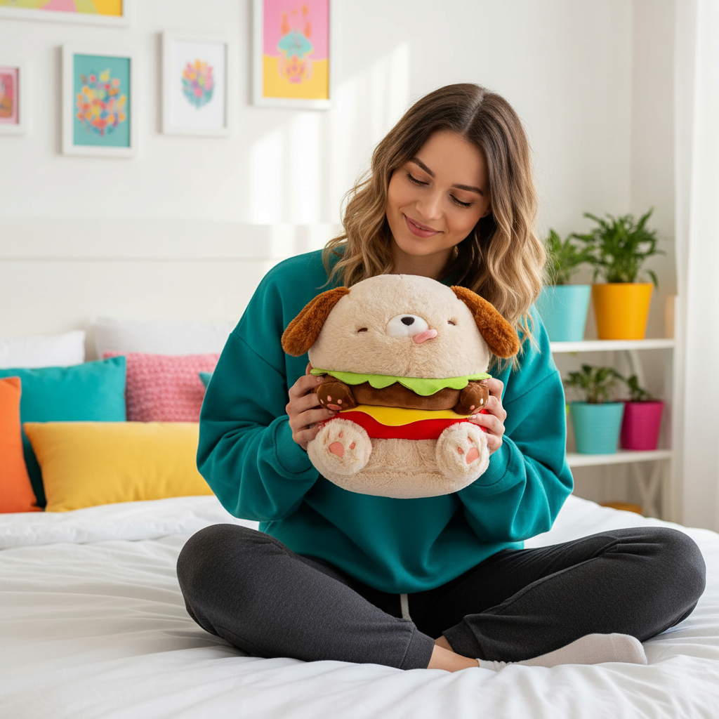 Woman holding a plush toy shaped like a burger in a bright room with colorful pillows and plants.