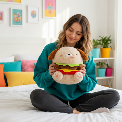 Woman holding a plush toy shaped like a burger in a bright room with colorful pillows and plants.