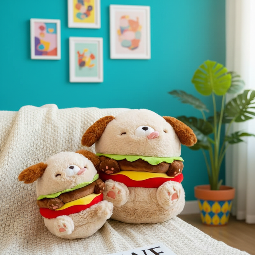 Two plush toys shaped like hamburgers sitting on a couch with a colorful wall and plant in the background.