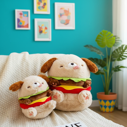 Two plush toys shaped like hamburgers sitting on a couch with a colorful wall and plant in the background.