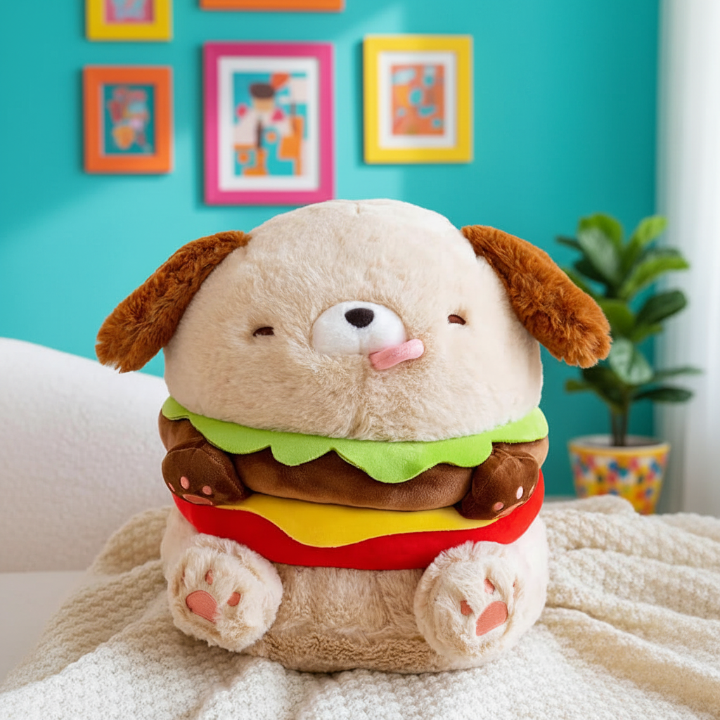 Plush toy shaped like a hamburger with dog ears on a couch against a colorful wall.