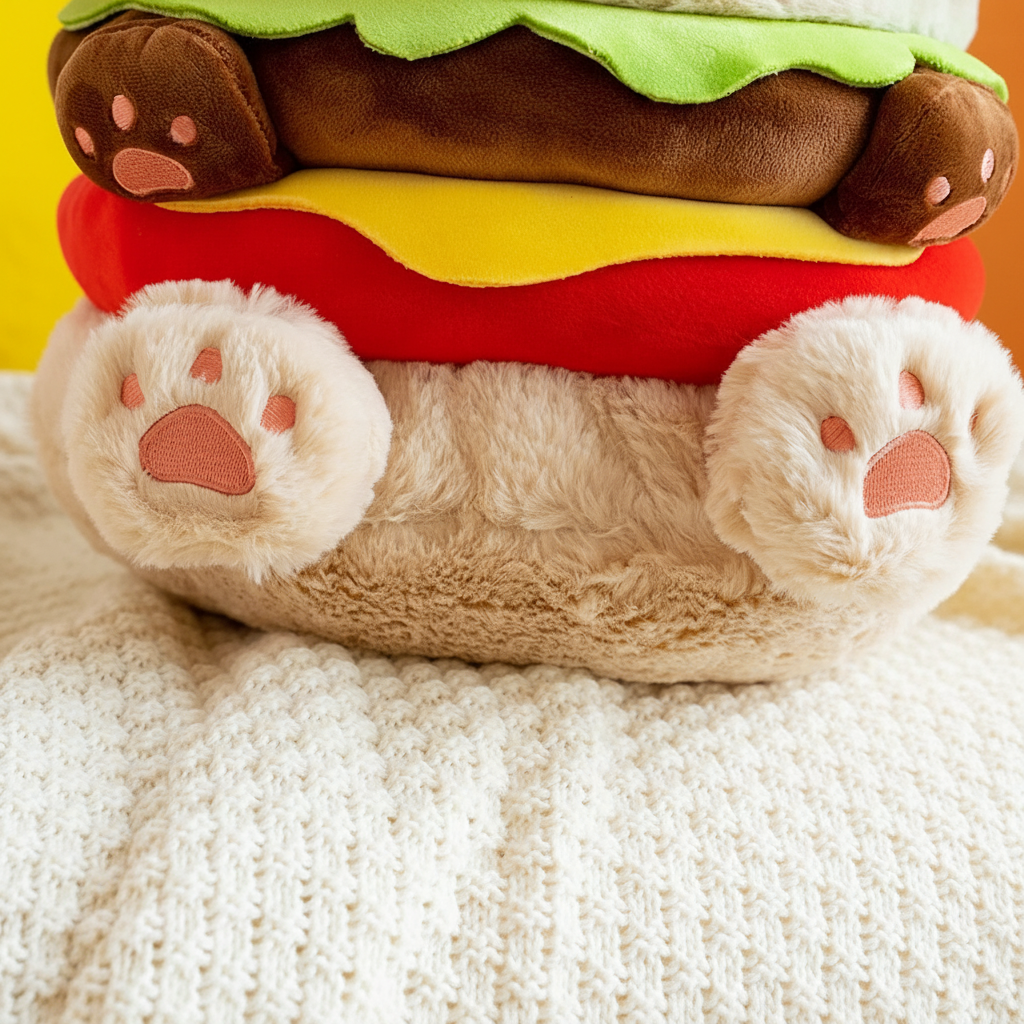 Plush toy shaped like a hamburger with paw-like paws on a textured surface