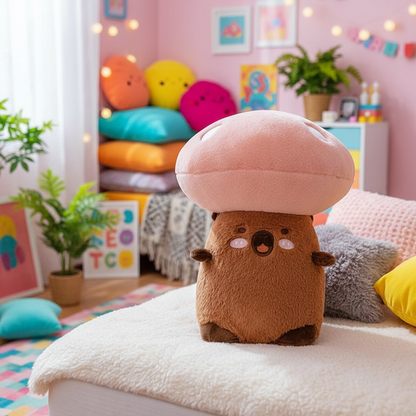Plush toy mushroom on a bed in a colorful room with plants and toys.