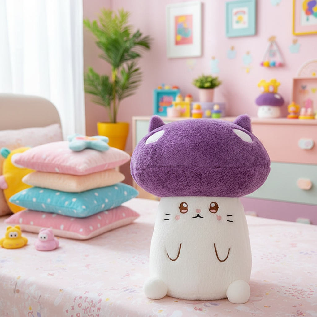 Cute plush mushroom toy on a bed with a colorful room in the background