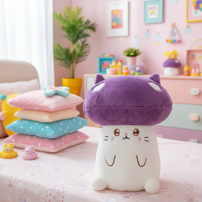 Cute plush mushroom toy on a bed with a colorful room in the background