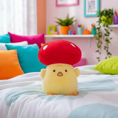 Plush toy with a red mushroom cap on a bed in a colorful room