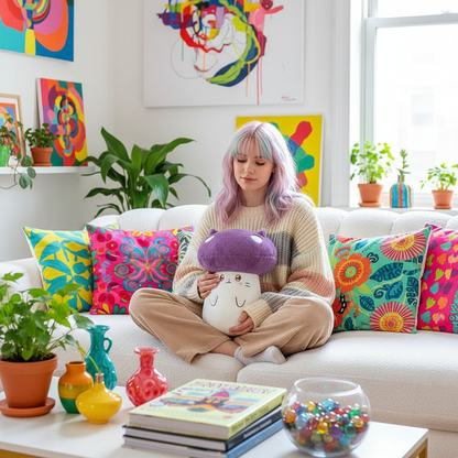 Woman sitting on a colorful couch holding a plush mushroom toy, surrounded by vibrant decor.