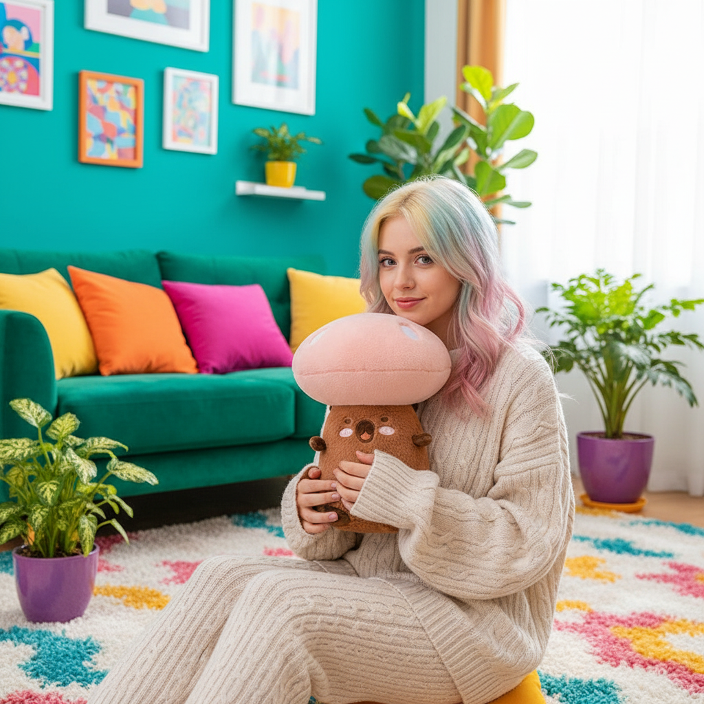Woman holding a plush mushroom toy in a colorful living room
