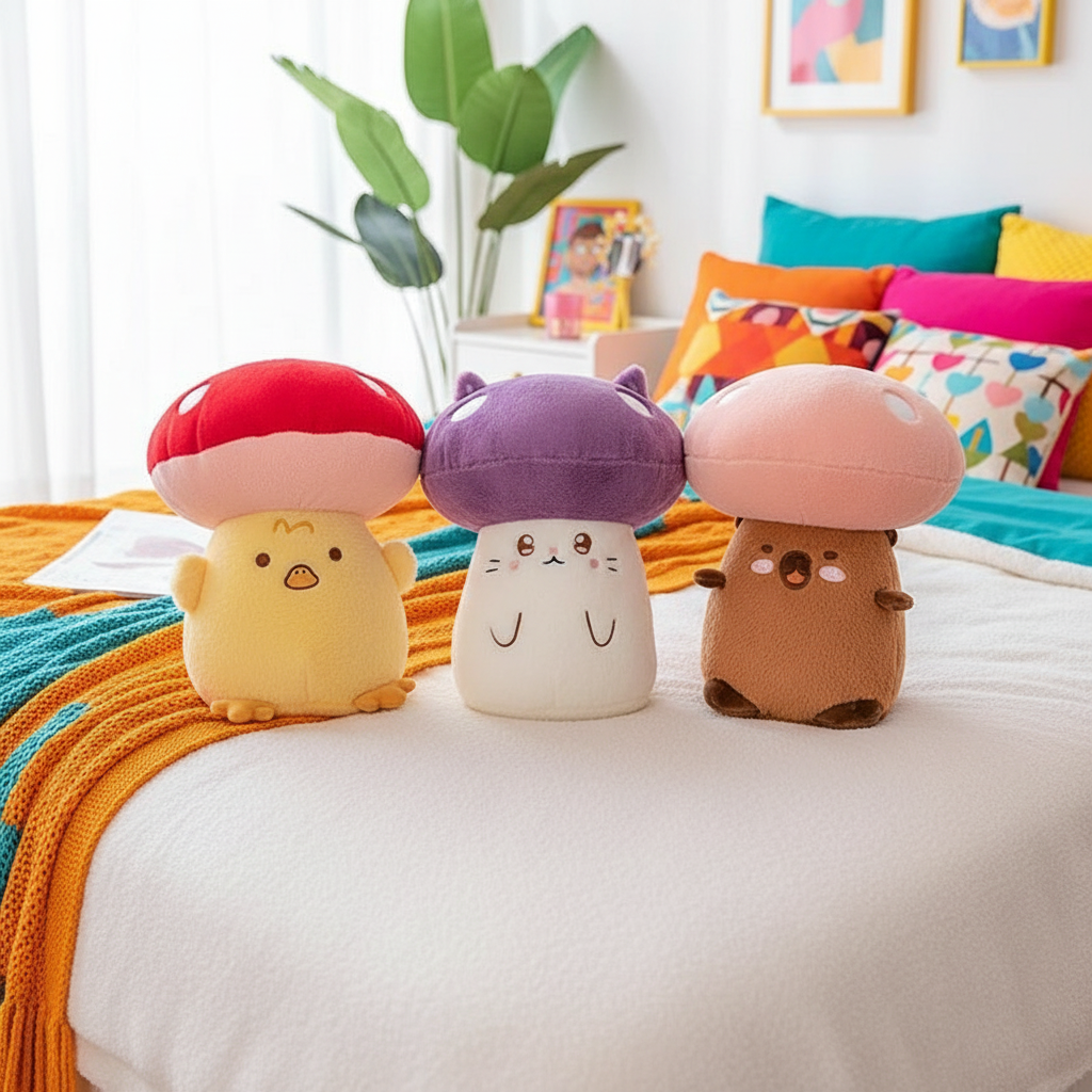 Three colorful mushroom-shaped plush toys on a bed with a bright and cheerful background.