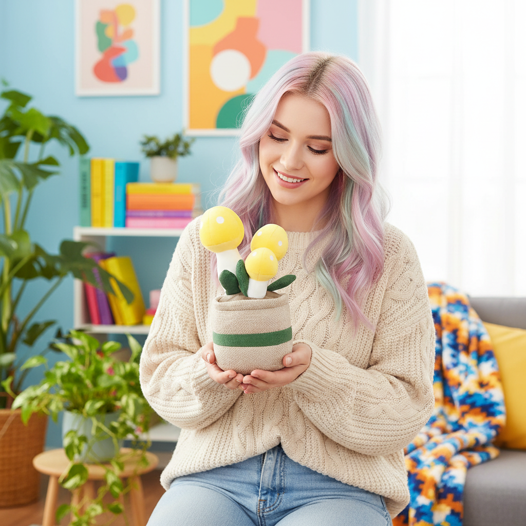 Woman holding a plush potted plant in a colorful living room
