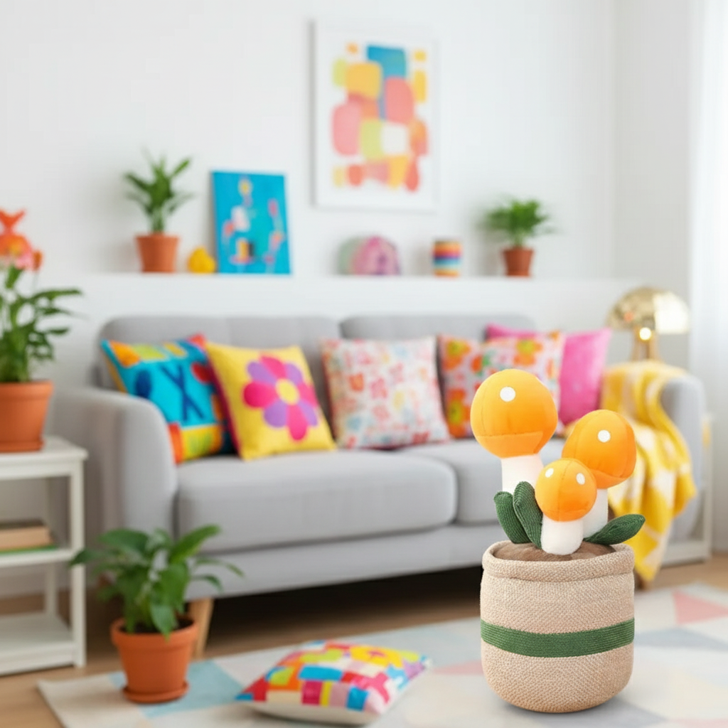 Decorative plush plant with colorful flowers in a living room setting