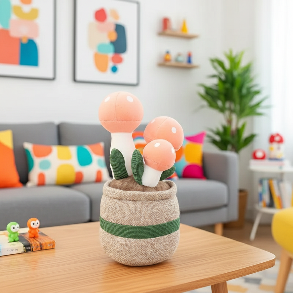 Decorative potted plant with colorful bulbs on a wooden table in a living room.