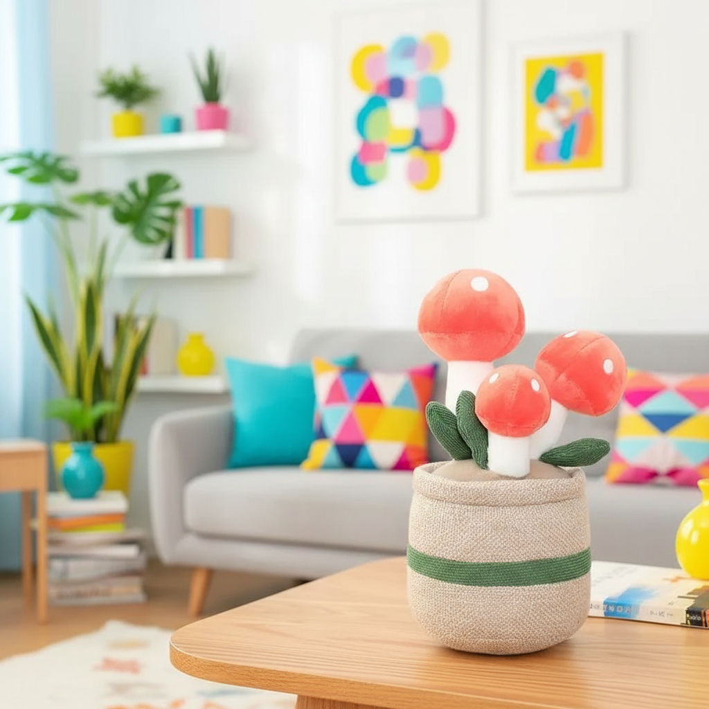 Colorful plush flower arrangement in a pot on a table with a modern living room background.