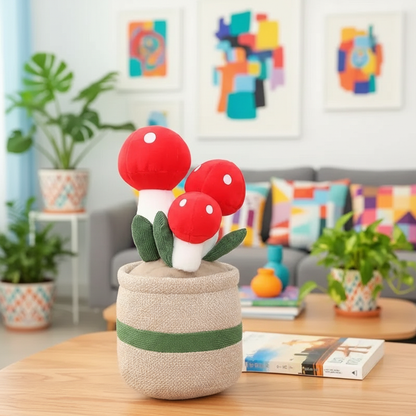 Decorative plush flower arrangement with red flowers and green leaves in a beige pot on a table in a living room.