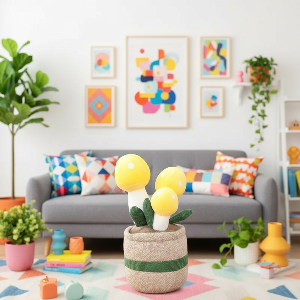 Colorful living room with abstract art, a gray sofa, and decorative items.