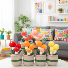 Colorful mushroom-shaped plush decorative items on a table with a living room background