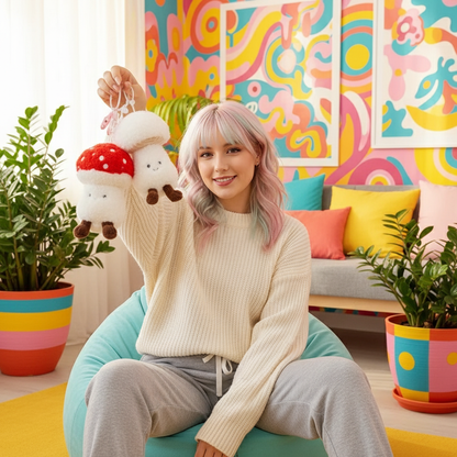 Woman sitting on a colorful bean bag chair holding plush toys in a room with vibrant wall art and decor.