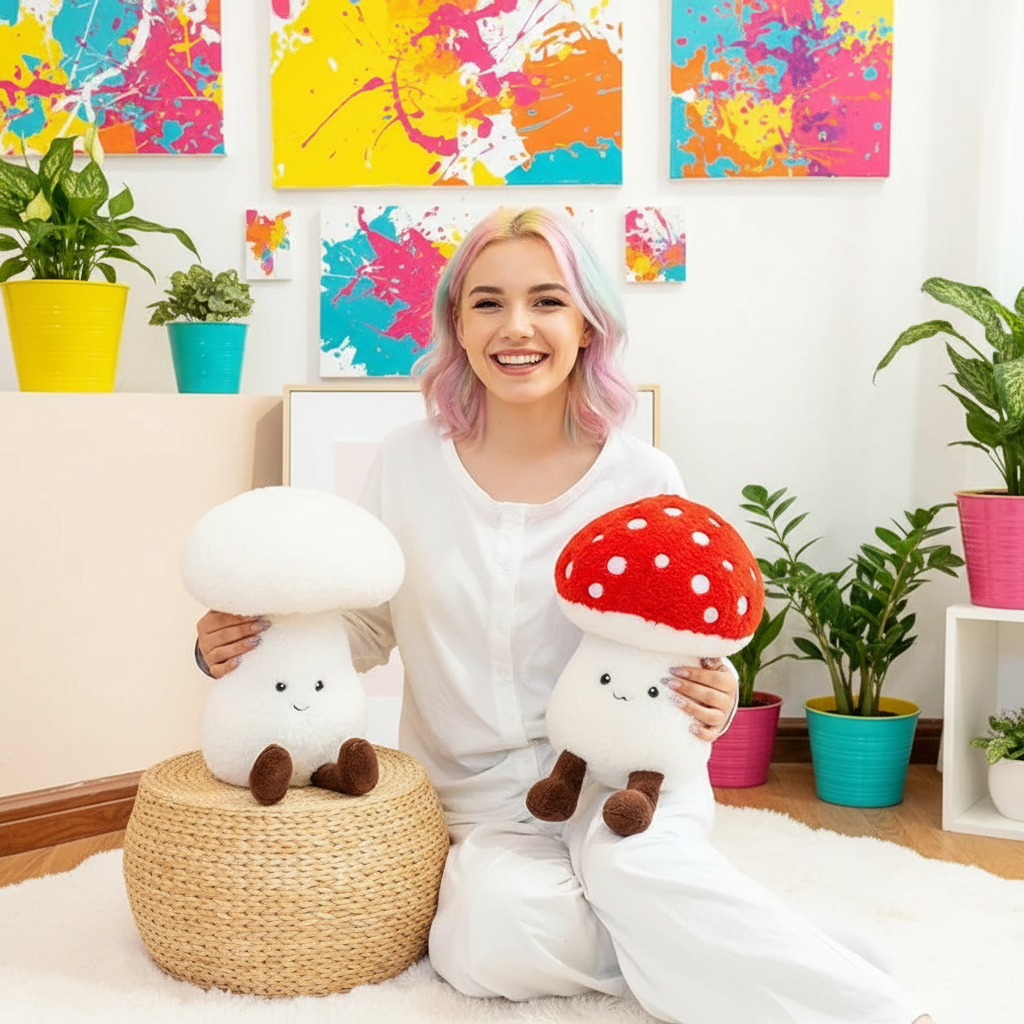 Woman holding two plush mushroom toys in a room with colorful wall art and plants.