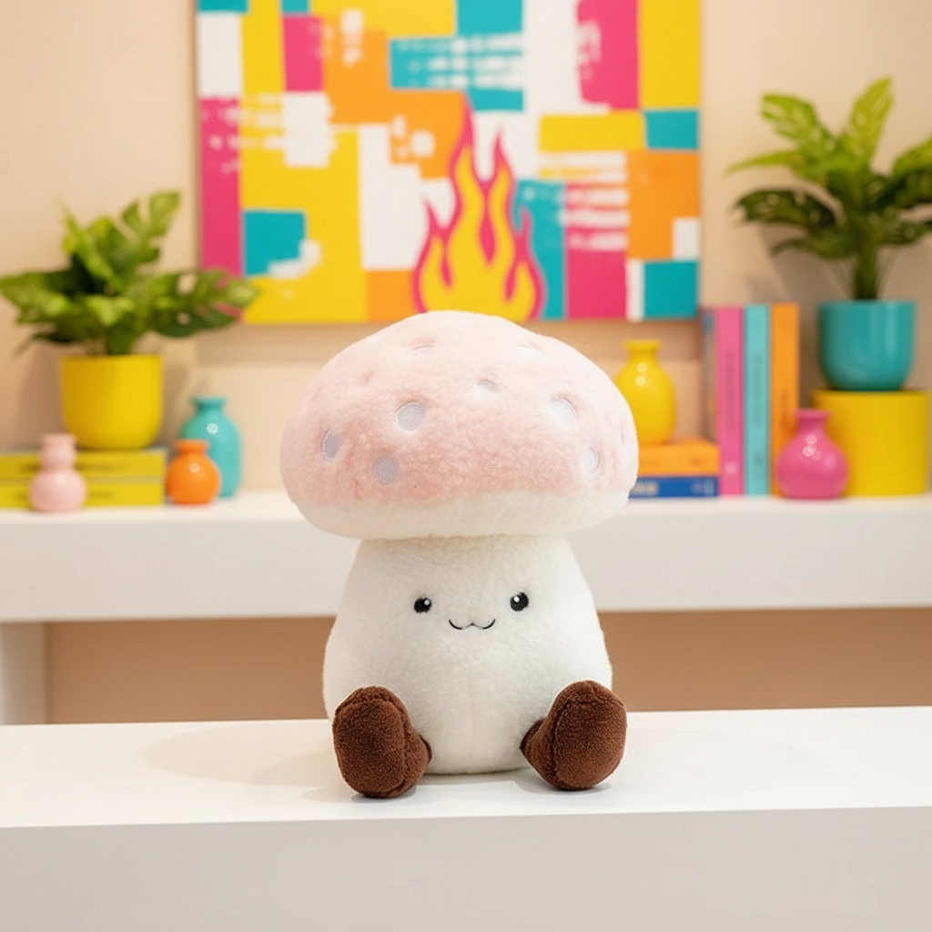 Cute plush mushroom toy with a smiley face on a white surface, colorful abstract painting in the background.