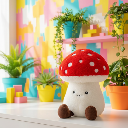 Plush toy mushroom with a smiley face on a colorful background with plants