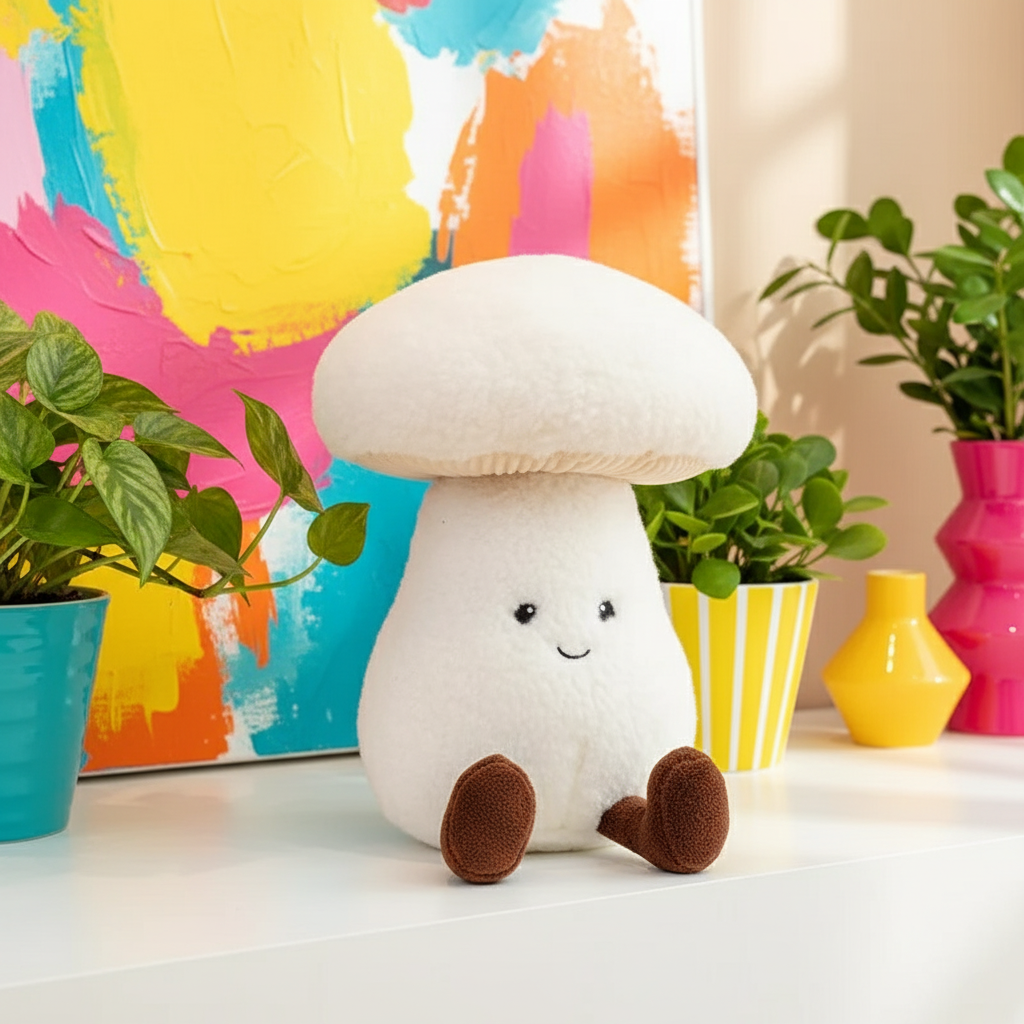 Plush mushroom toy with a happy face in front of a colorful abstract painting and plants.