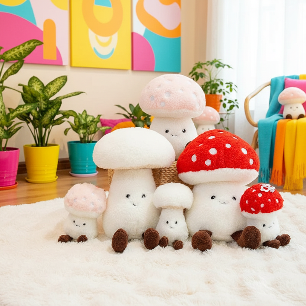 Set of plush mushroom toys on a white surface with colorful abstract art in the background.