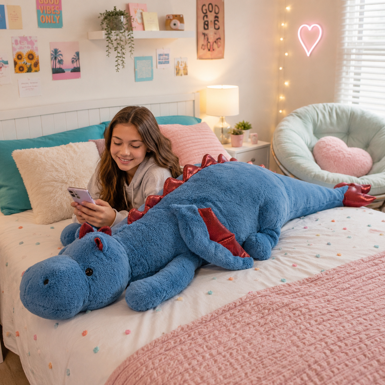 A woman lying on a bed in a cozy bedroom, holding a phone while cuddling a large blue plush dragon with red spikes. The room has pink and white bedding, wall art, a lamp, and a mint green chair.