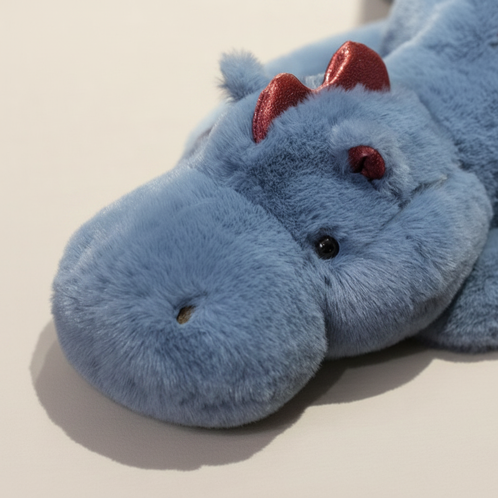 Blue plush dragon toy with red ears on a beige background