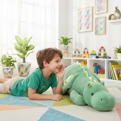 Child playing with a large green dragon plush toy in a colorful room.