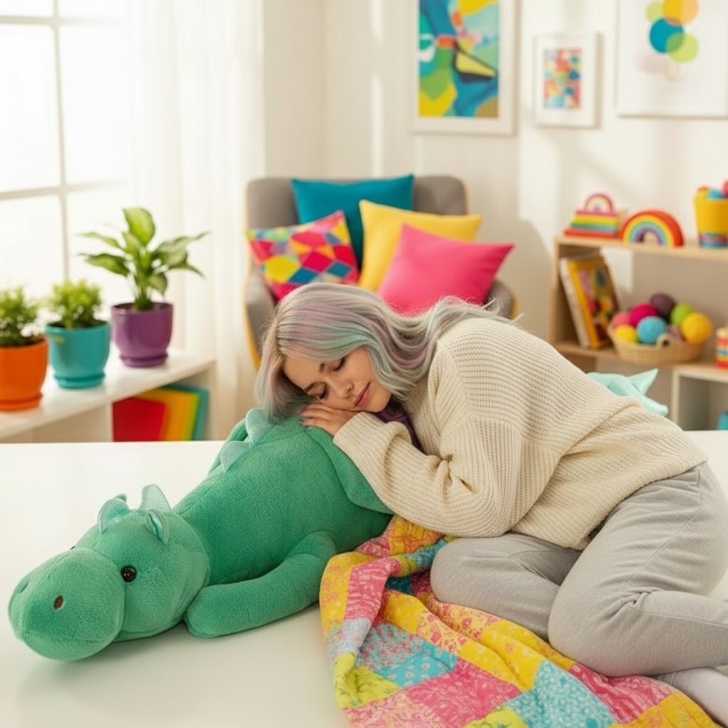 Woman hugging a large green plush dragon in a colorful living room.
