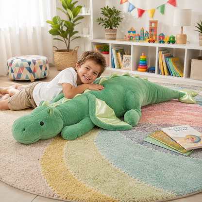 A smiling young boy lies on a pastel rainbow rug, holding a large green plush dragon toy in a bright children's room with toys and plants in the background.