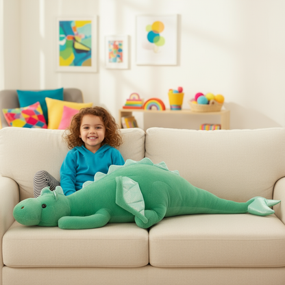 Child sitting on a couch with a large green dragon plush toy in a bright living room.