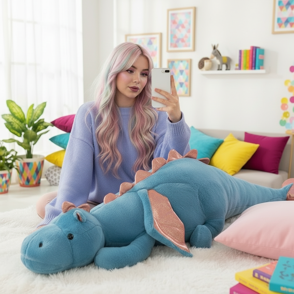Woman taking a selfie with a large blue dragon plush toy in a colorful living room.