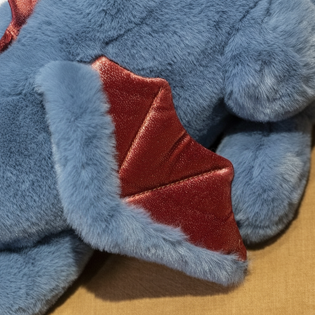 Close-up of a blue plush dragon with red accents on a brown surface