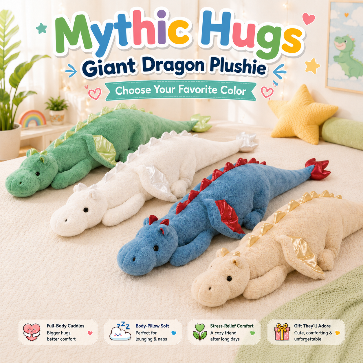 Four giant dragon plushies in colors blue, white, green, and pink, laying on a soft surface in a colorful room with pillows and plants