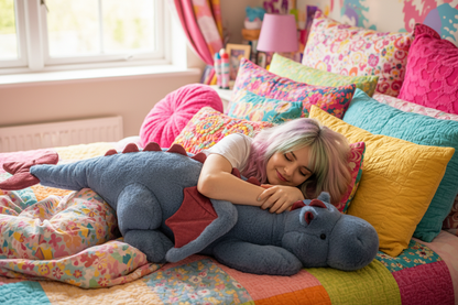Person lying on a colorful bed with pillows and a large stuffed dragon toy