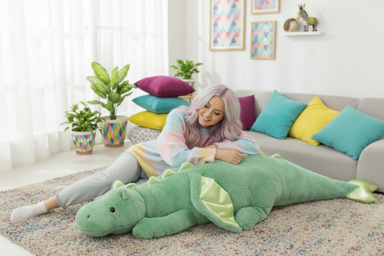 Woman lying on a large green dragon-shaped pillow in a living room with colorful pillows and plants.