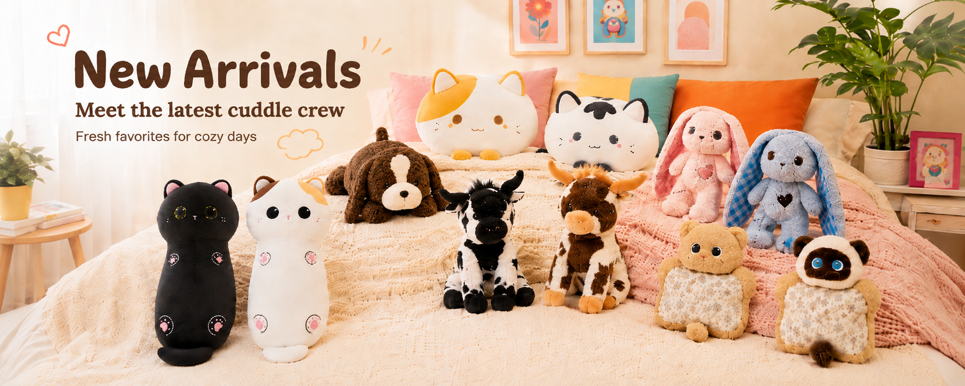 A collection of plush stuffed animals arranged on a bed in a cozy bedroom setting, with promotional text reading 'New Arrivals' in the upper left. The plushies include various animal designs in black, white, brown, beige, pink, blue, and cream colors.