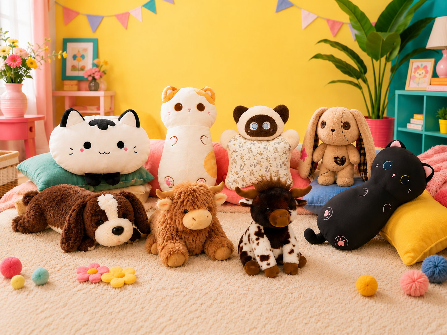 A collection of cute animal and cat-shaped plush toys arranged together on a beige carpet in a brightly decorated room with a yellow wall, colorful bunting, and plants.