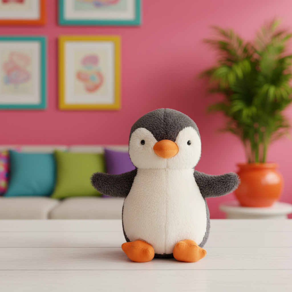Plush penguin toy on a table with a colorful room background