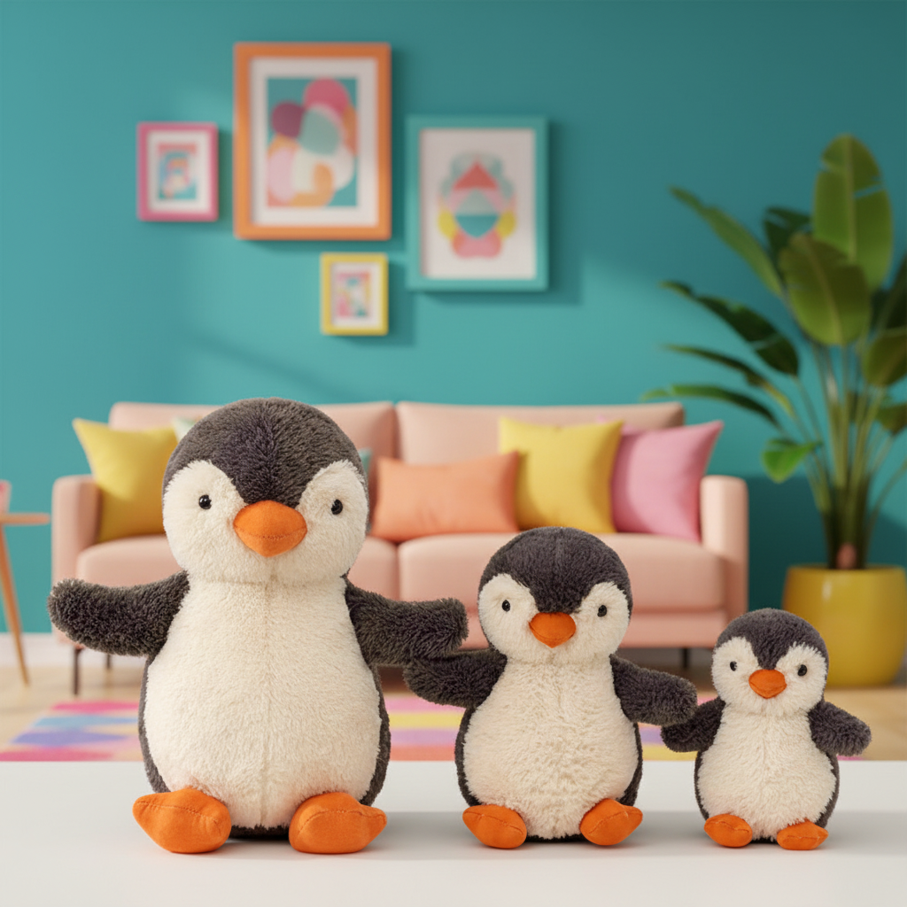 Three plush penguins in a living room setting with colorful decor.