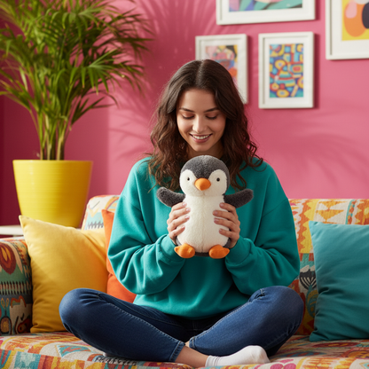 Woman holding a plush penguin toy in a colorful living room.