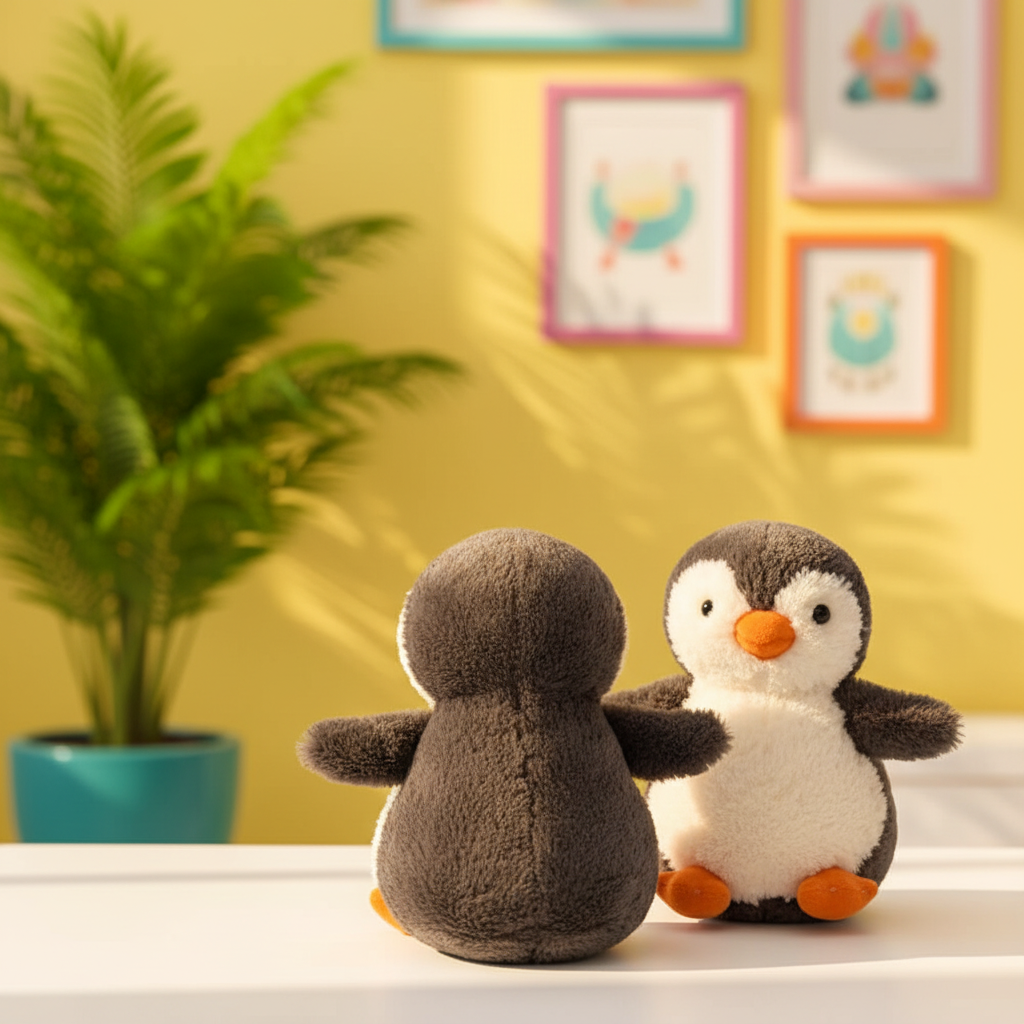 Two plush penguins sitting on a surface with a yellow wall and framed pictures in the background.