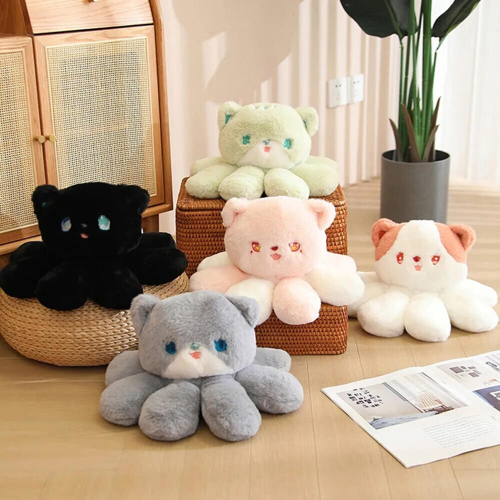 OctoKitty Plushie group of five colors. pink, white, black, green, gray